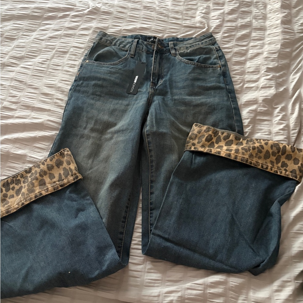 Fashion Nova Blue Jeans with Leopard Cuffs